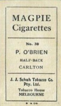 1921 J.J.Schuh Magpie Cigarettes Australian Footballers - Victorian League #30 Paddy O'Brien Back